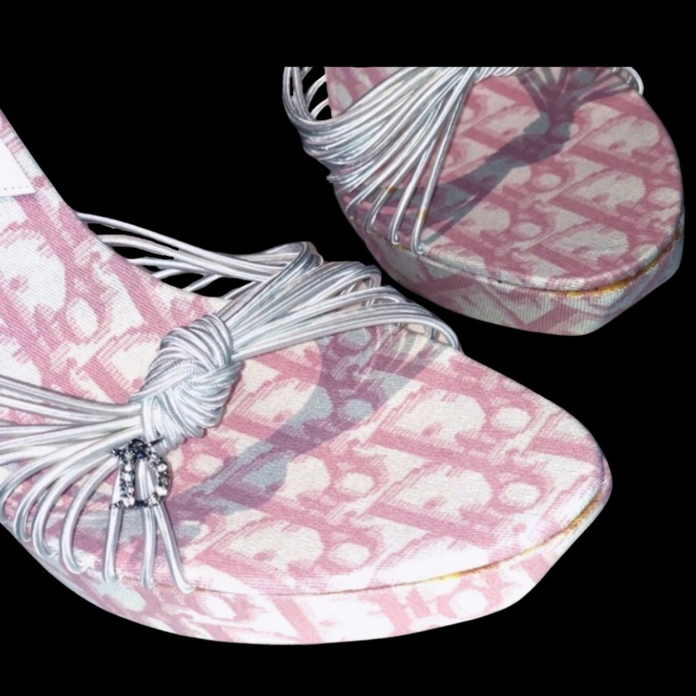 DIOR Vintage John Galliano Pink White Monogram Logo Trotter Platform Sandal Heel - Picture 5 of 14